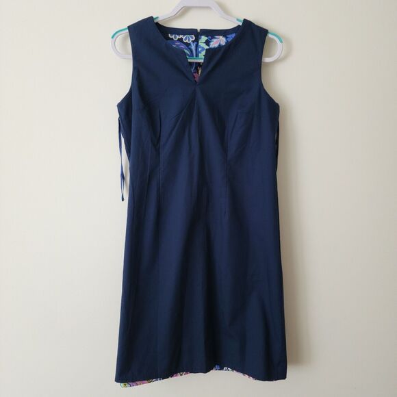 Talbots Paisley Shift Dress Womens Sz 8 Navy Blue Colorful Sleeveless Split Neck - Picture 4 of 8